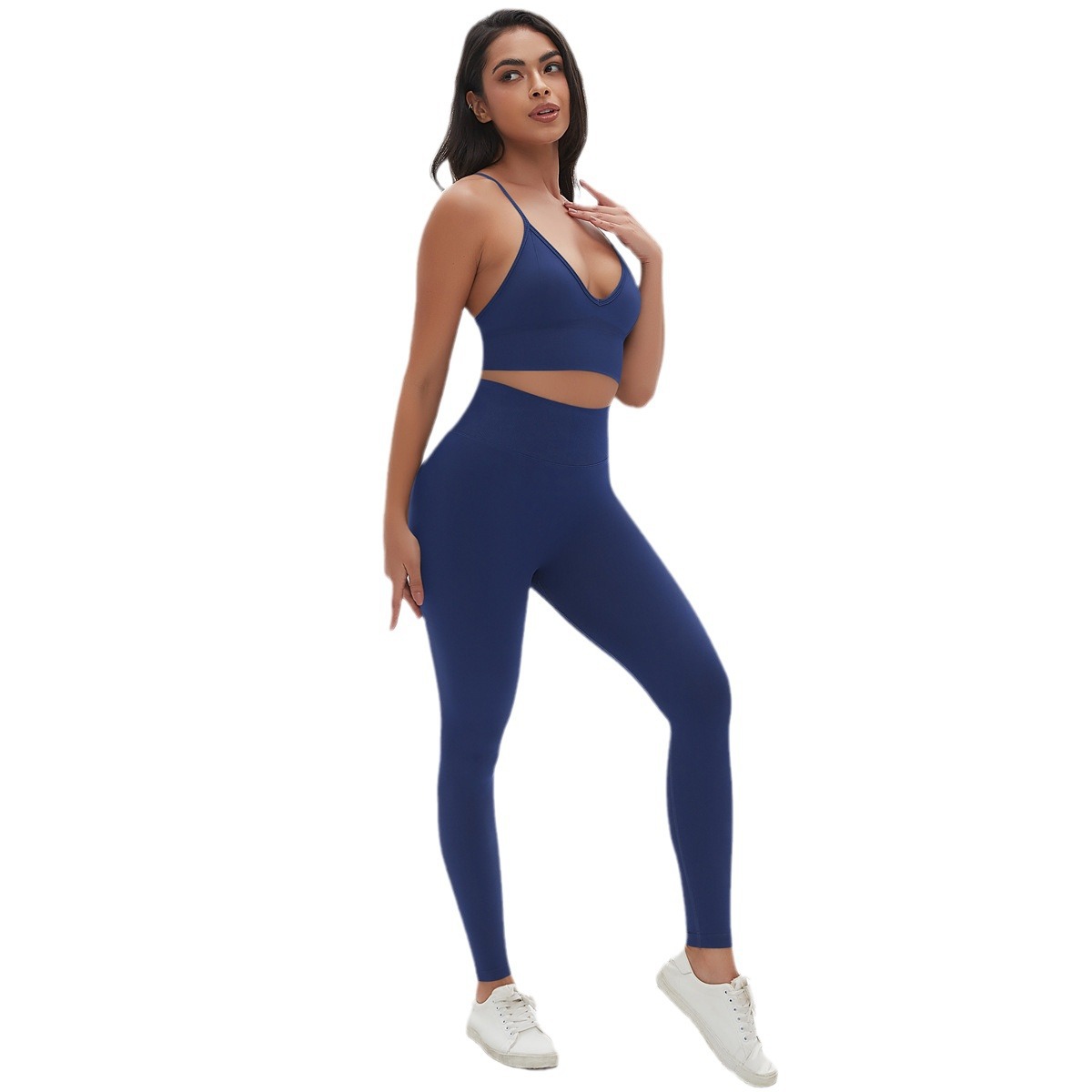 Nuevo transfronterizo sin costuras color sólido apertado sexy cabina de belleza trajes de yoga de dos piezas juego de ejercicio image 6