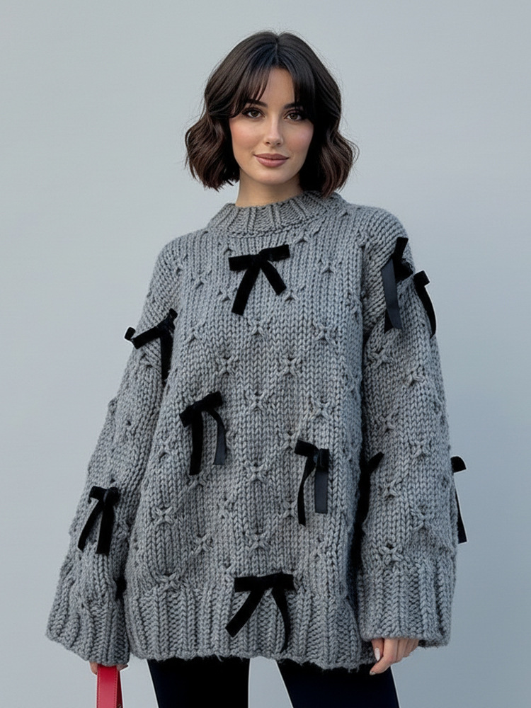 Moda gris cuello redondo arco adornado manga larga suéter blusa 2026 otoño invierno nuevo estilo europeo y americano transfronterizo image 3