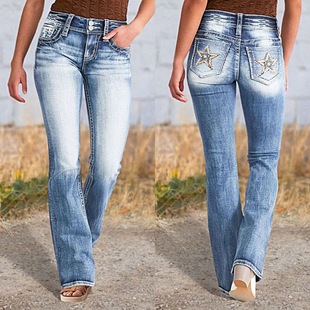 AliExpress cross-border European and American 2025 spring new embroidered jeans women's high quality straight slim stretch trousers