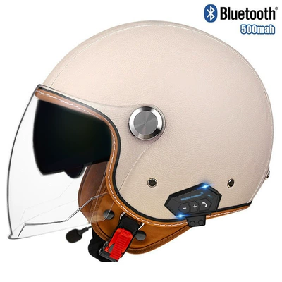 double mirror helmet, Motosiklet kaskı (dəbilqə) - lychee-pattern-off-white-outer-length-and-inner-teabluetooth-m