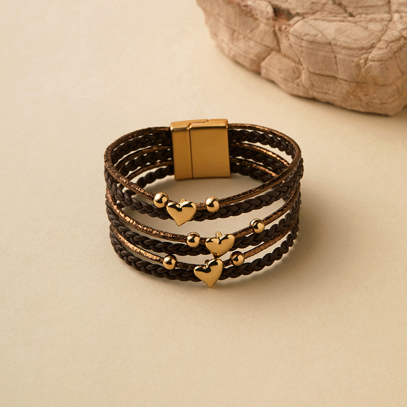 Retro Streetwear Heart Shape Pu Leather Alloy Wrap Bracelets Wholesale display picture 19