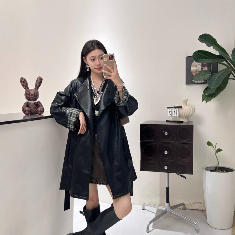 金属丝蛋白皮 极简松弛拼格纹皮风衣外套女|undefined