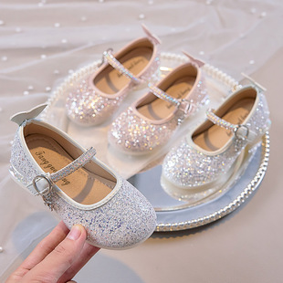 2025 Spring New Princess Shoes Sweet Crystal Sequin Children's Small Leather Shoes Velcro Comfortable Soft Sole Flat Shoes