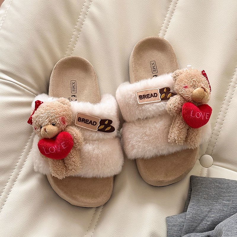 日韩卡通软萌煤球毛绒绒鞋女秋冬字母舒适外穿棉拖鞋少女时尚百搭