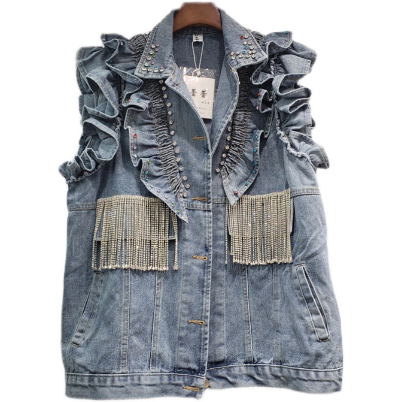 Estación Europea primavera y otoño mujer 2023 nuevo estilo coreano moda suelta Denim Chaleco con borla de diamantes que adelgaza el chaleco del todo fósforo