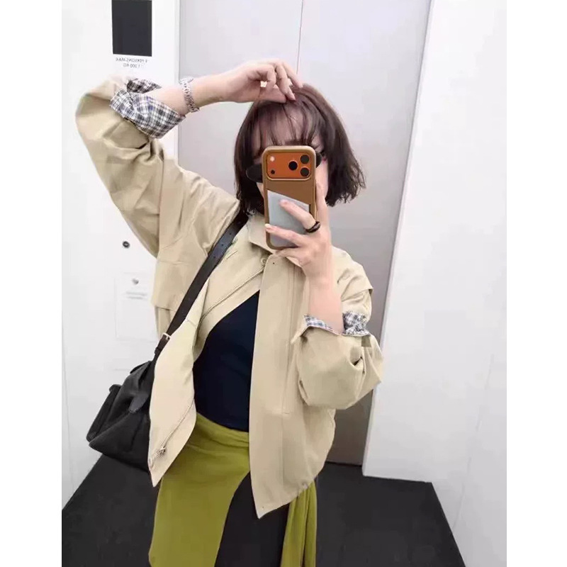 Korean Oli Se*Ul 2026 Spring New Style Elegant Versatile Lapel Plaid Lining Solid Color Jacket for Women
