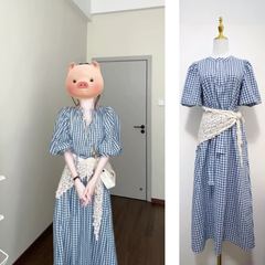 EVNSTYLE「聖島ブルーウィンドウ」春新作ミドル丈9分袖ゆったりブルーチェック柄ワンピース女性用