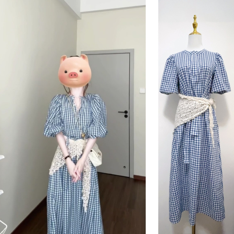 EVNSTYLE「聖島ブルーウィンドウ」春新作ミドル丈9分袖ゆったりブルーチェック柄ワンピース女性用|undefined