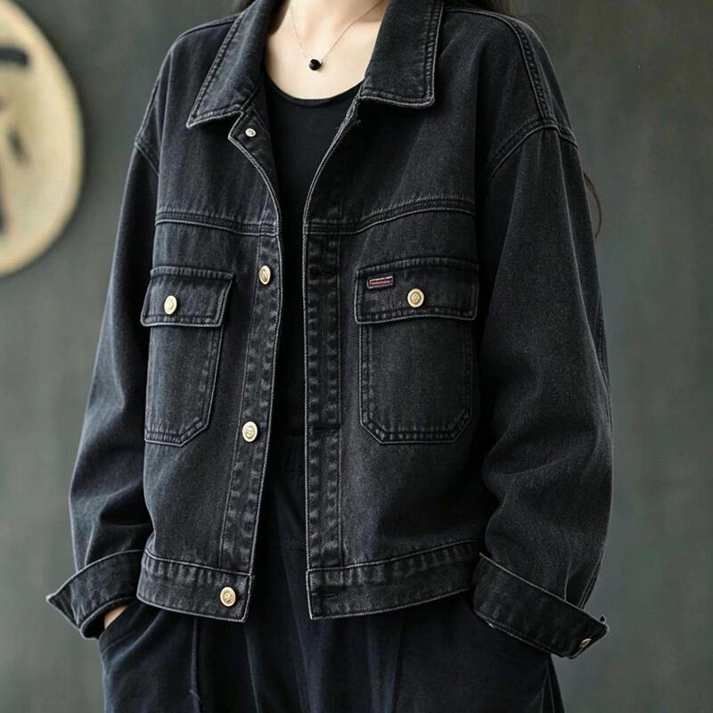 Black denim jacket for women, short style, 2026 spring/autumn collection, loose fit, versatile, casual, with large pockets, suitable for petite figures Black denim jacket for women, short style, 2026 spring/autumn collection, loose fit, versatile, casual, with large pockets, suitable for petite figures