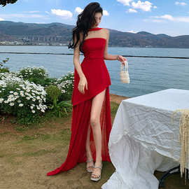 2025性感开叉抹胸连衣裙女夏新款时尚高级感修身显瘦气质长裙