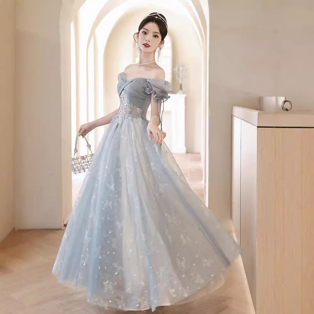Vestido de Noche Azul banquete estilo francés luz nicho de lujo temperamento estilo sentido transfronterizo Princesa arte vocal examen rendimiento femenino