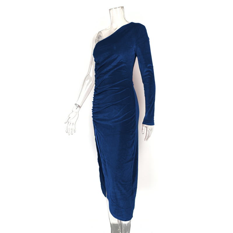 Damen Samtkleid Für Den Winter Sexy Schräges Schulter-design Slim_voghion.com