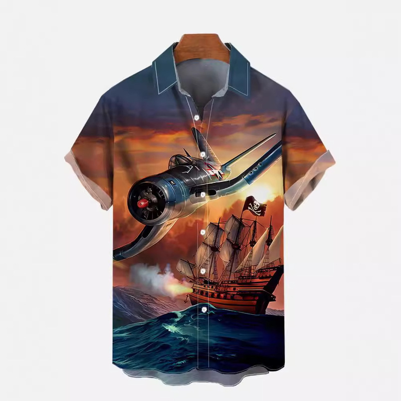 Cross-border Source Factory Men's Hawaiian Shirt Fighter Series Fighter Crash Sea 3D Printed Short-sleeved Top Cross-border Source Factory Men's Hawaiian Shirt Fighter Series Fighter Crash Sea 3D Printed Short-sleeved Top