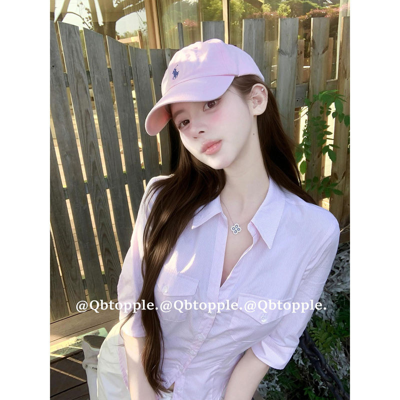 Pink V-Neck Slim-Fit Striped Mid-Sleeve Shirt for Women, Summer Pure Sweet Style, Sexy and Slimming, Stunning Top