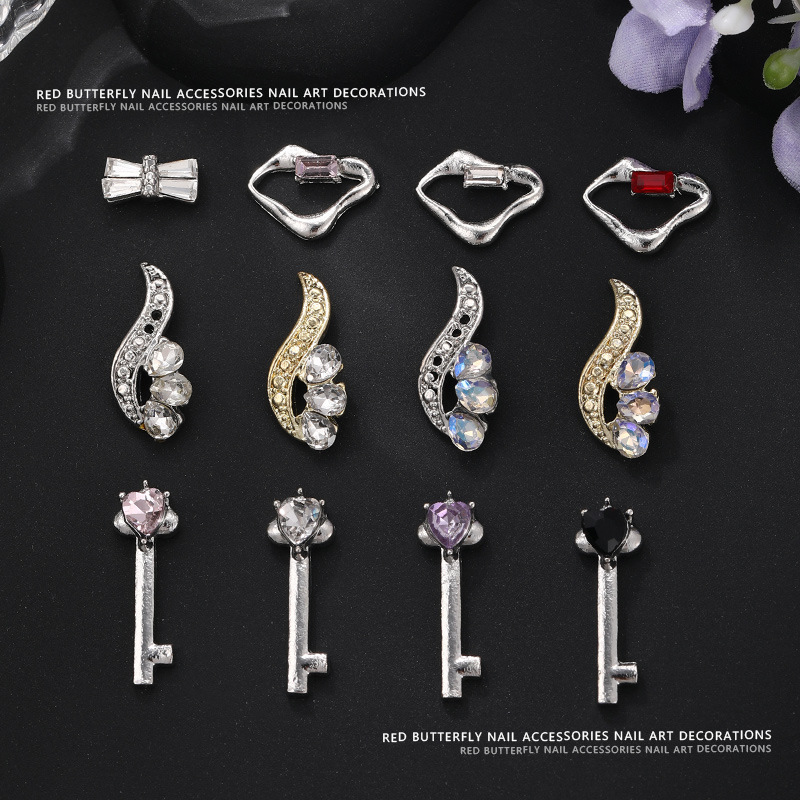 Retro Key Lips Geometric Nail Manicure Jewelry Silver Gold Manicure Diamond Wearable Nail Accessories