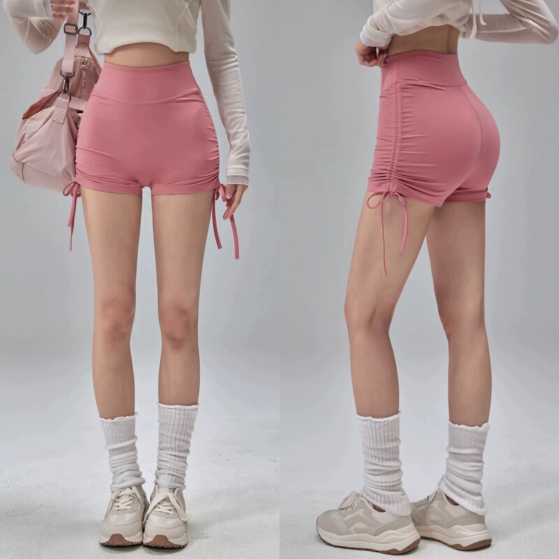 Yoga Shorts with Butt-Lifting Pleats and Drawstring, Suitable for Fitness, Outdoor Sports, Cycling, Short-Sleeve, Elastic, High-Waisted, Slimming, Tight-Fitting Pants