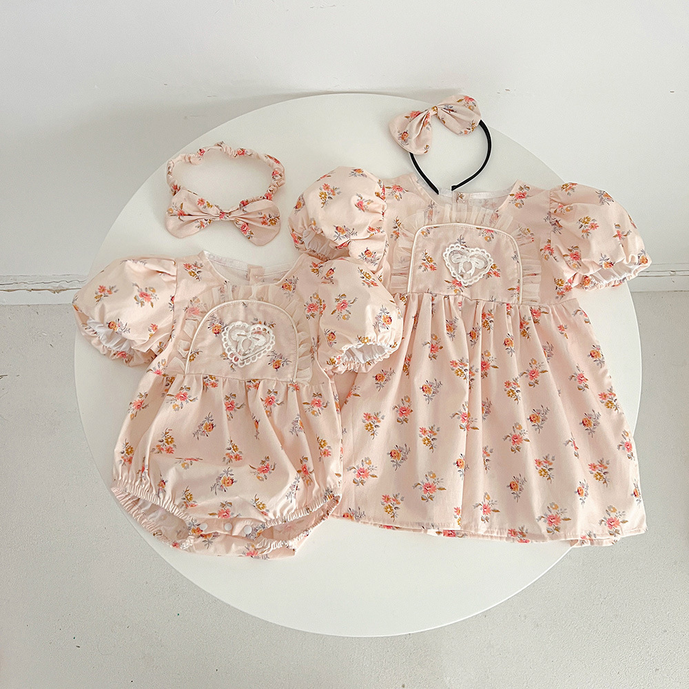 2026 Summer New Style Baby Girl Romper Infant Clothing Pink Floral Short-Sleeve Dress Girls' Matching Outfits