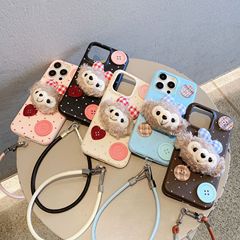 冬のぬいぐるみ熊ボタンストラップリンゴ16promax/15pro転倒防止全包13p皮紋携帯ケース