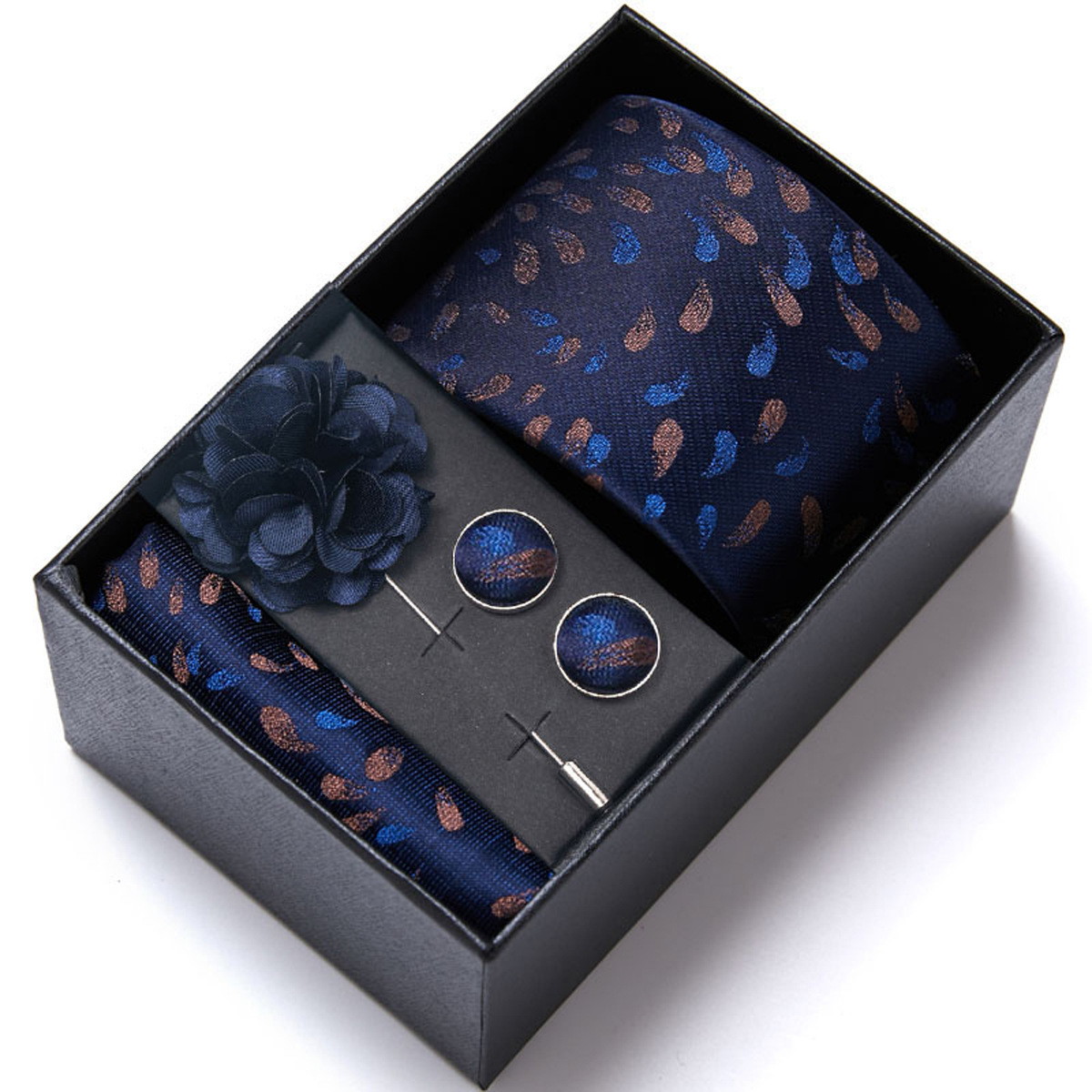 男性の新しい青いストライプのプリントネクタイのスカーフのカフスの胸の花のギフトボックスの包装の贈り物の佳品は祝日に適します。