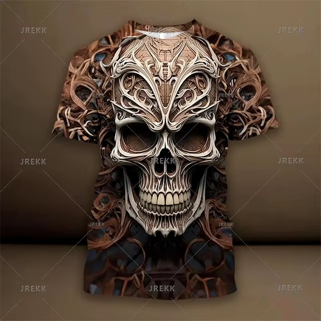 Verano calle todo-fósforo suelto cuello redondo manga corta transpirable camiseta de hombre thriller esqueleto relieve impresión digital 3D