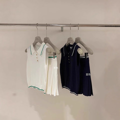 夏季新款撞色网球风POLO无袖上衣百褶裙两件套美式运动休闲套装女