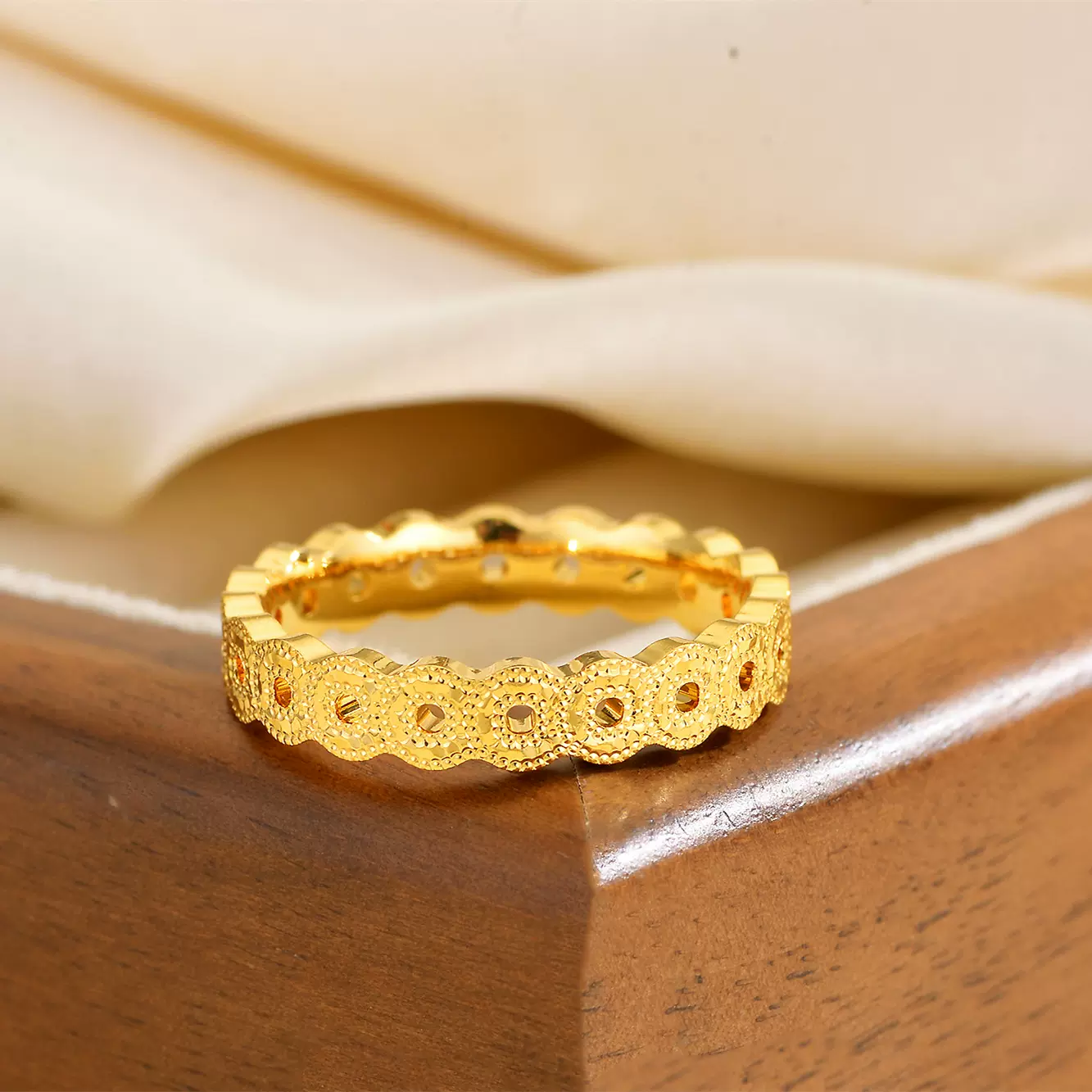 直播同款沙金CNC碎冰冰铜钱戒指高级感镂空钱币闭口指环素圈镀金