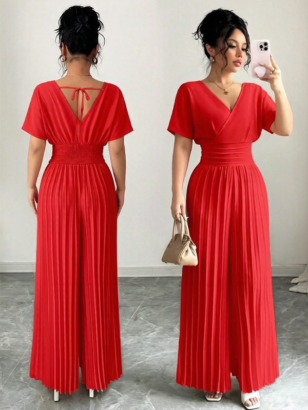 2026 nuevo estilo de viaje europeo y americano elegante color sólido cuello en V manga corta cintura doblada plantares pantalonés de pierna ropa de mujer
