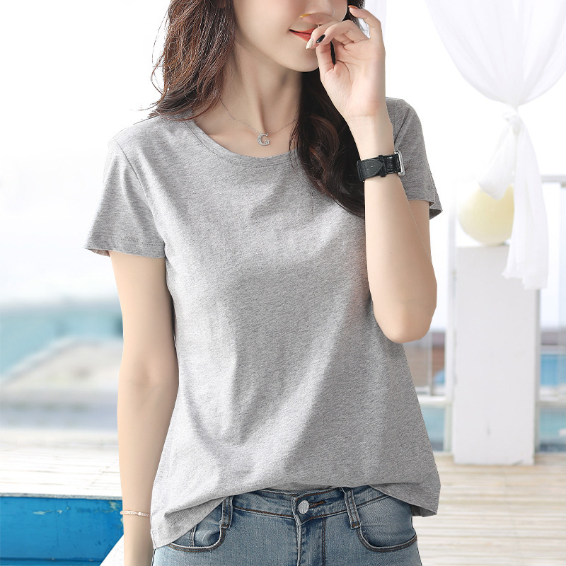 グレー半袖Tシャツレディース夏ショルダーTシャツボトリングシャツスリムラウンドネックネットバージョンシングルベーシックトップ|undefined