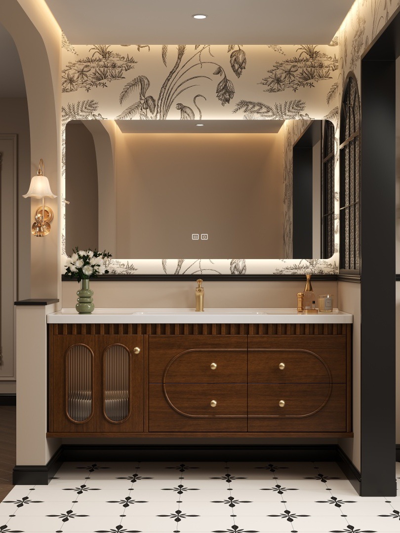 French Mid-Century Style Bathroom Cabinet Combination Bathroom Washstand Hand Wash Basin Cabinet Ceramic Integrated Basin Ready for Sale