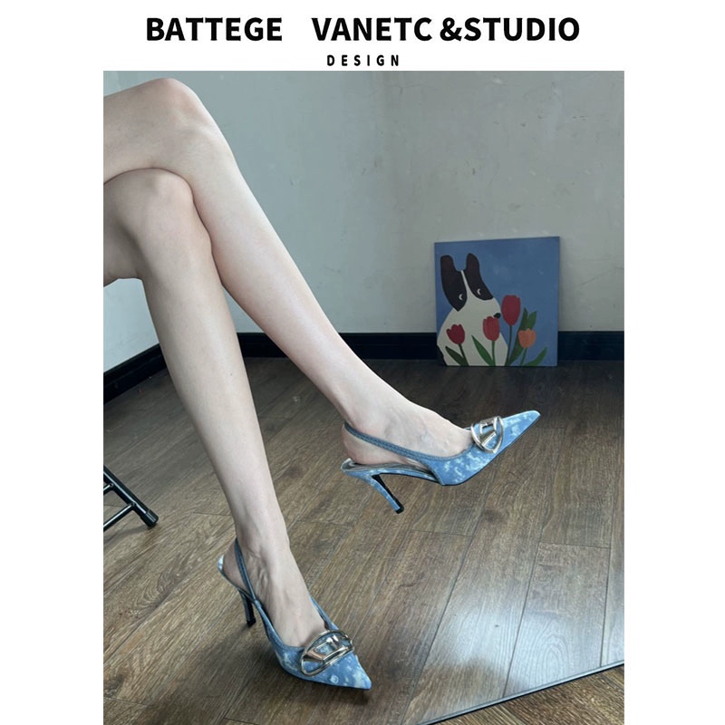 Задние пустые туфли на высоком каблуке женский 2023 осень новая джинсовая металлическая пряжка ретро дикая нишевый дизайн одиночной обуви