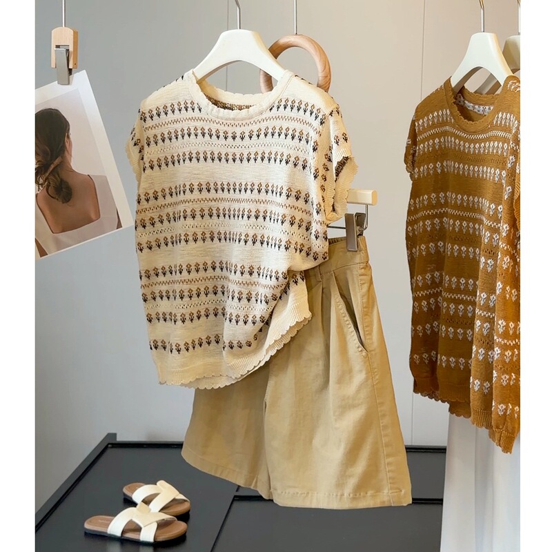 Korean-Style Sunflower Jacquard Bamboo Linen Ice Silk Short-Sleeve Knit Top for Women, New Summer Thin Loose Versatile Top