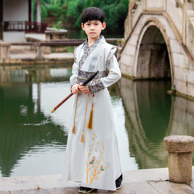 White Chinese hanfu for boy kids warrior swordsman prince cosplay robe Wind Ru skirt children ancient Chinese wind hanfu kimono gown for children