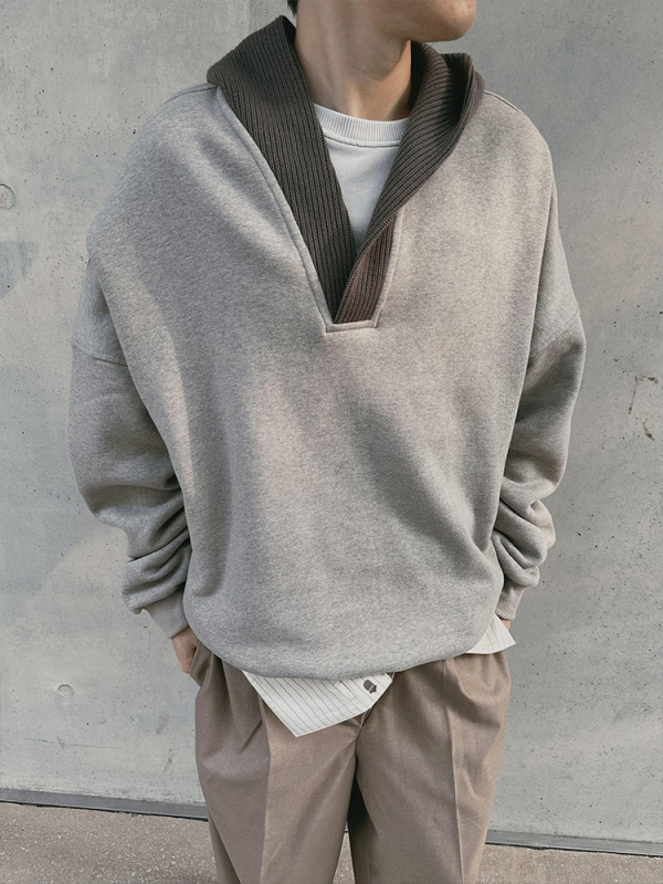 Cleanfitグレーのパーカーの男性用帽子と秋冬の毛糸のつなぎ合わせのデザイン感があります。|undefined
