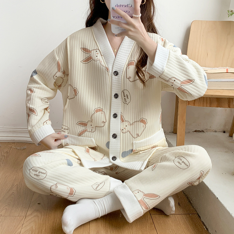 Air cotton confinement clothing autumn and winter thickened postpartum maternity nursing pregnant women's pajamas autumn and winter quilted suit