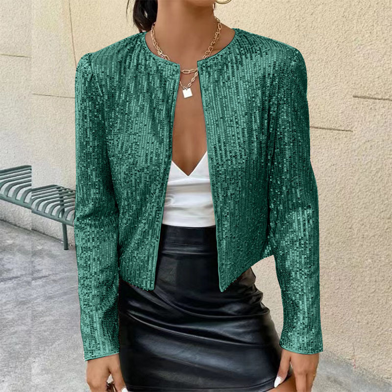 280g Weight Casual Jacket Outerwear Type Long Sleeve Sleeve Length Polyester Fabric Type Regular Top Length Coat Tops Type Holiday, Party Occasion Round Neck Neckline Slim Fit Type Solid Color Pattern Spring, Autumn Season Women's Gender Sequins Design Streetwear Style Women's Streetwear Solid Color Sequins Coat Casual Jacket 10