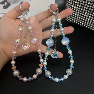 高级感卡通水钻猫头手机链水晶珍珠手工串珠包包钥匙扣挂件防丢女