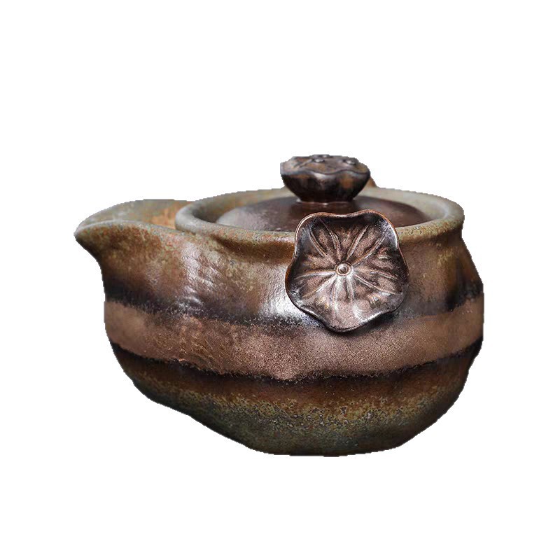 Transfronterizos de madera de bronce esmalte tetera de cerámica tetera botella de oro mano agarrar tetera retrógrada casera hecha a mano kung fu té