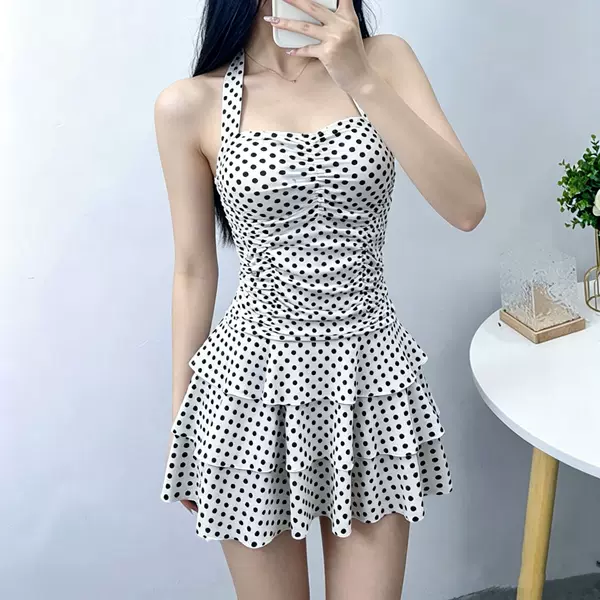 2026 New One-Piece Skirt Style Polka Dot Halterneck Swimsuit for Women Hot Spring Resort Style Slimming Look and Flesh-Covering Sexy Swimsuit