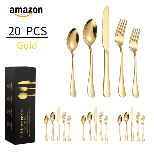 Amazon 24/40/60 Piece Set Stainless Steel Tableware Knife Fork Spoon 4/12 Person Portion Western Dinner Steak Knife Fork
