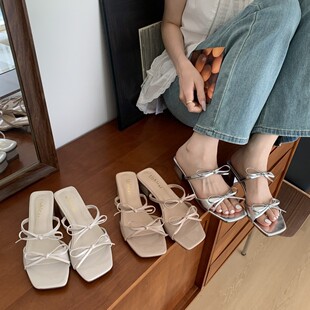Thick-Heeled French-Style Fairy Sandals 2025 Summer New Thin Strap Bow Square-Toe Slip-On Sandals