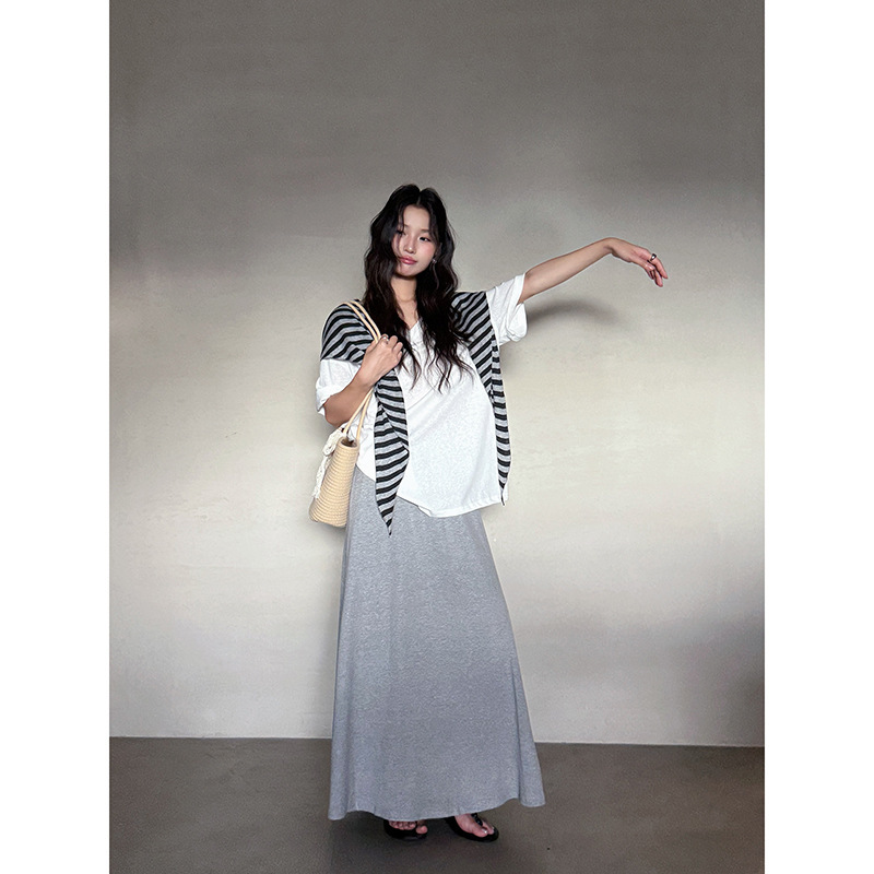 【ロンドンモーニングレッスン】Geming韓国通勤Tシャツ+Aラインスカート+ストライプショール3点セット N393C|undefined