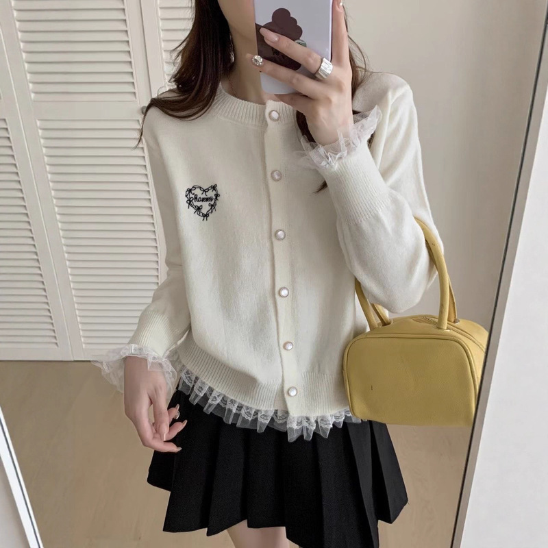 2025 Autumn Sweet Korean Lace Splicing Sweater Women's New Round Neck Easiest for Match Knitted Cardigan Top Outer