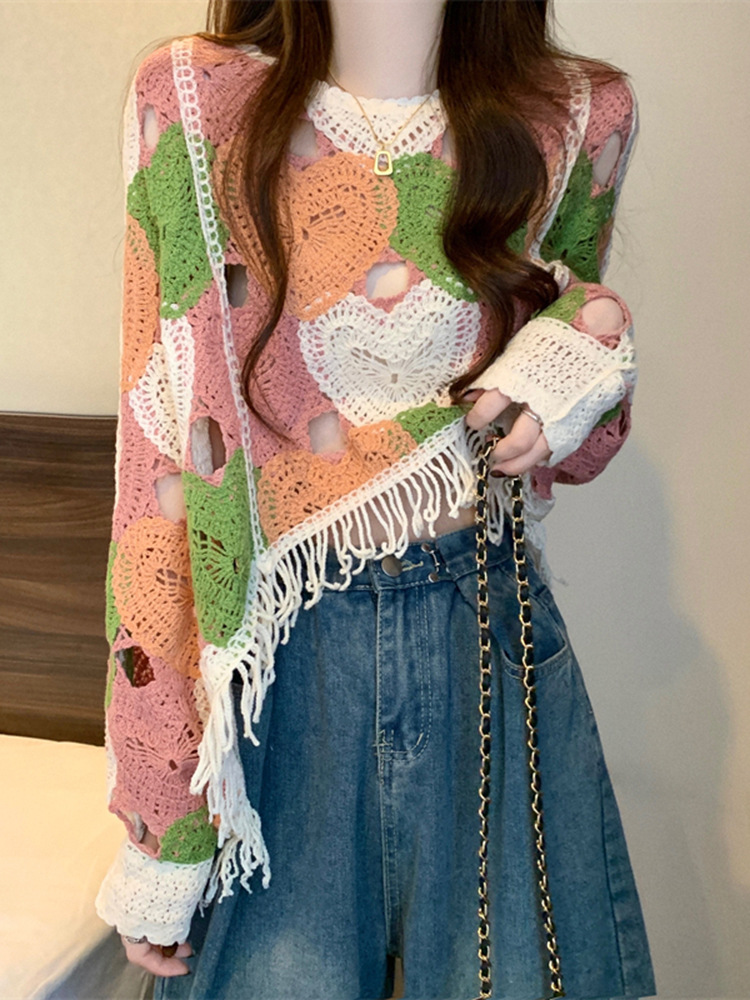 波西米亚彩色短款上衣女秋装薄纱防晒罩衫穿搭小长袖恤