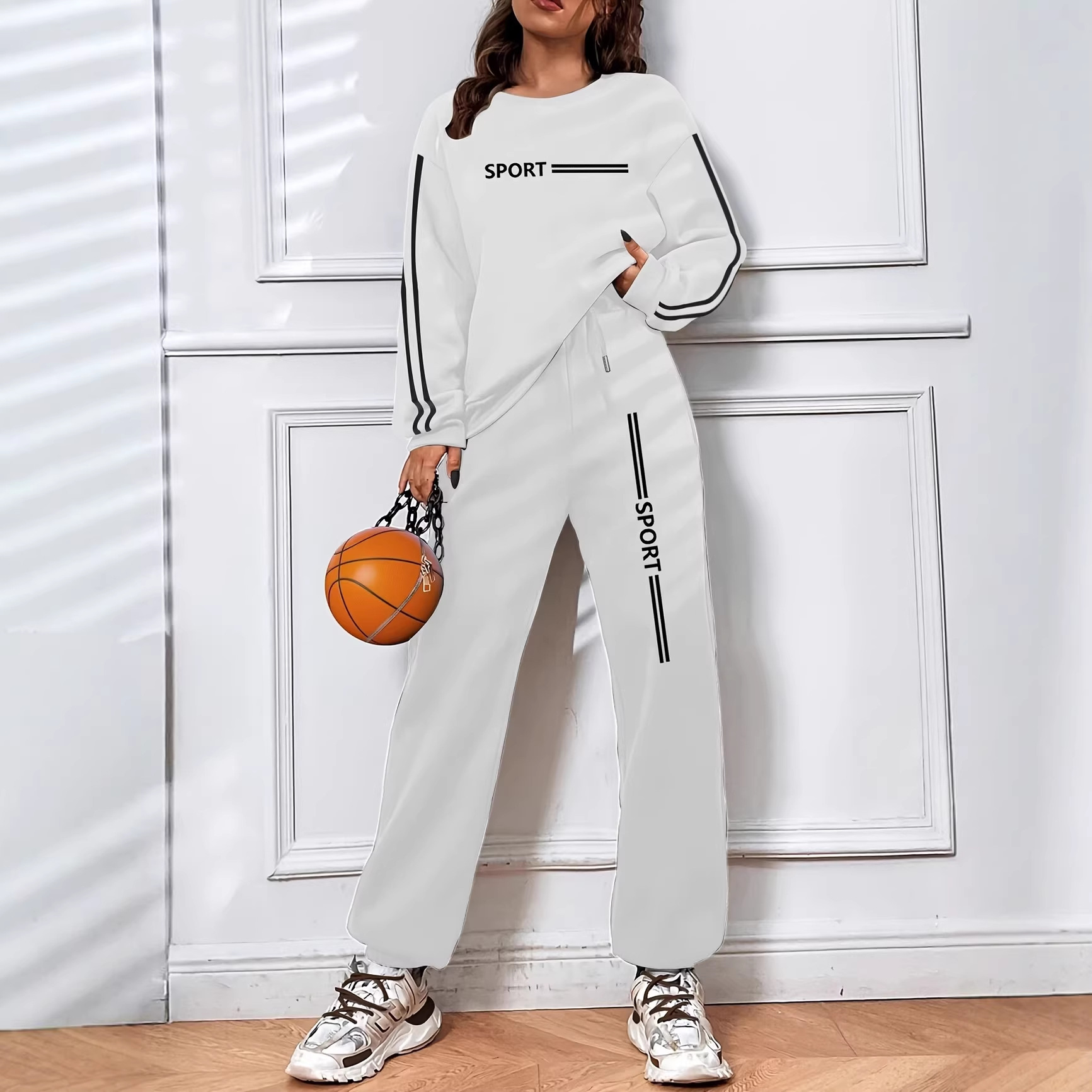 Women's Fleece Lined Tracksuit Long Sleeved Autumn Winter Fashion Letter Print Casual Set_ecoleips.com