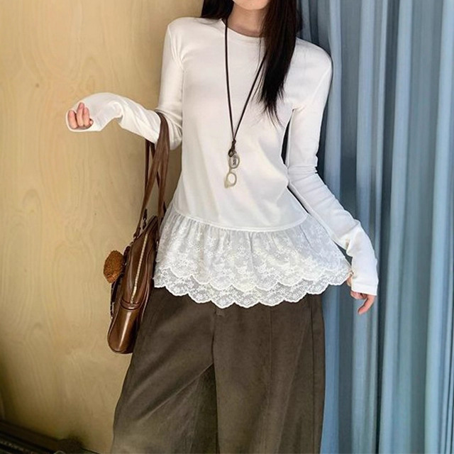 White Lace Inner Layering Shirt for Women 2025 Autumn and Winter Layered Korean Fashion Long-Sleeved T-Shirt Top