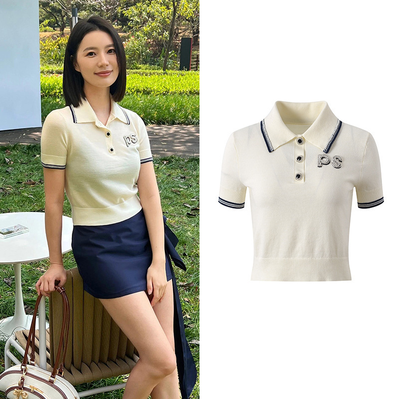 2025 New Summer Style College-Style Polo Collar Cream White Pearl Rhinestone Slim-Fit Slimming Knit Top 2025 New Summer Style College-Style Polo Collar Cream White Pearl Rhinestone Slim-Fit Slimming Knit Top
