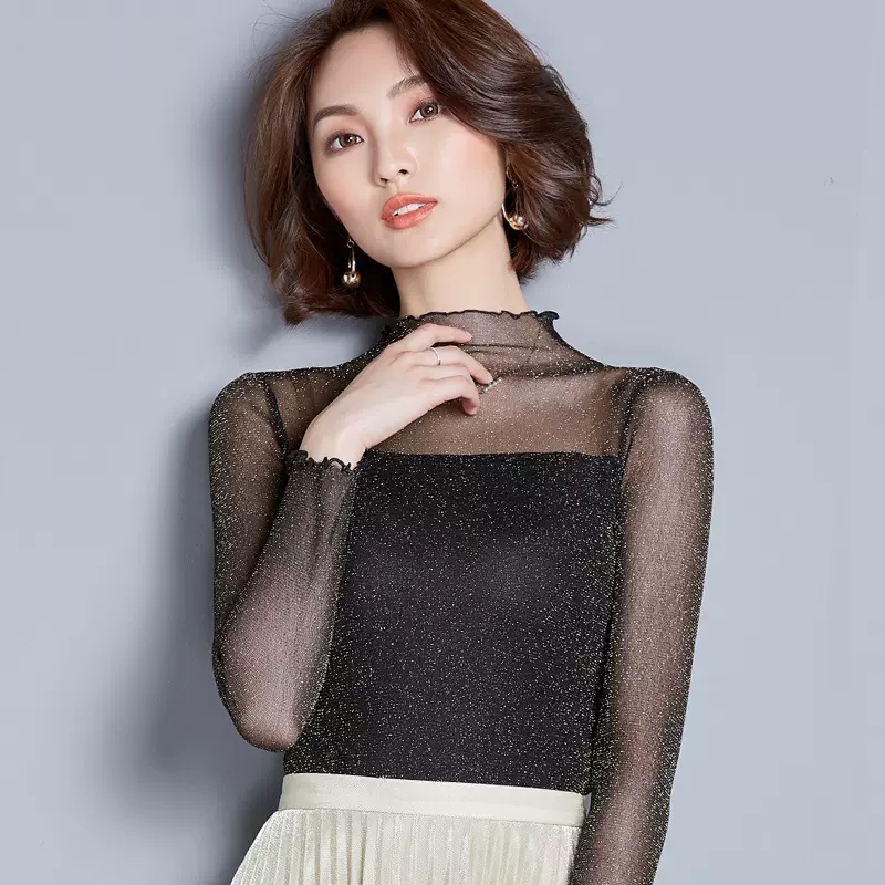 实拍 新款边高领金银线蕾丝网纱长袖打底衫女黑色灰色杏色