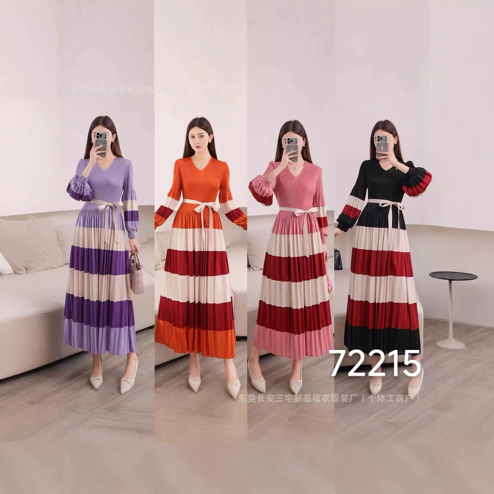 Miyake欧美跨境大码连衣裙时尚拼色收腰显瘦气质优雅女装压皱长裙