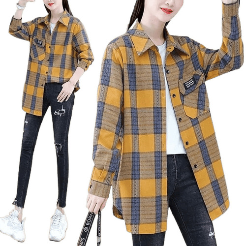 Mom's Cotton Shirt, Versatile Spring and Autumn Long-Sleeve Checkered Blouse for Women, Middle-Aged Women's Thin Checkered Jacket, Women's Cardigan Top