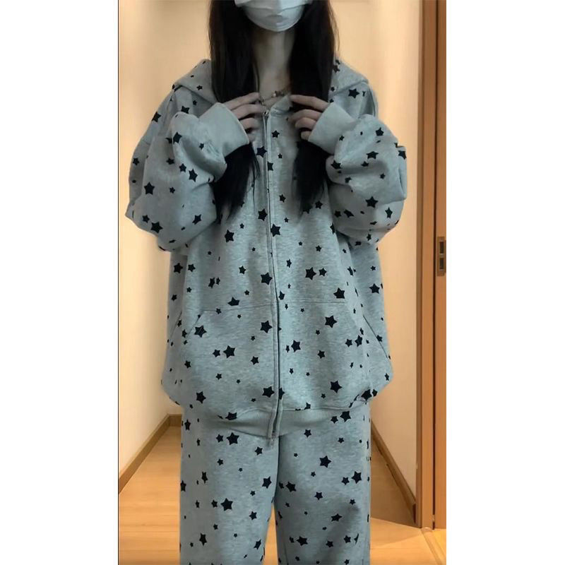 满印美式星星耳朵时尚套装秋季新款连帽卫衣开衫慵懒宽松两件套|undefined